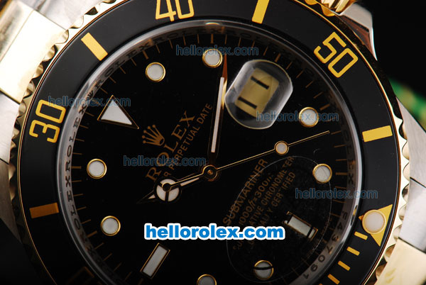 Rolex Submariner Swiss ETA 2836 Automatic Movement Two Tone with Black Bezel Black Dial and White Markers - Click Image to Close